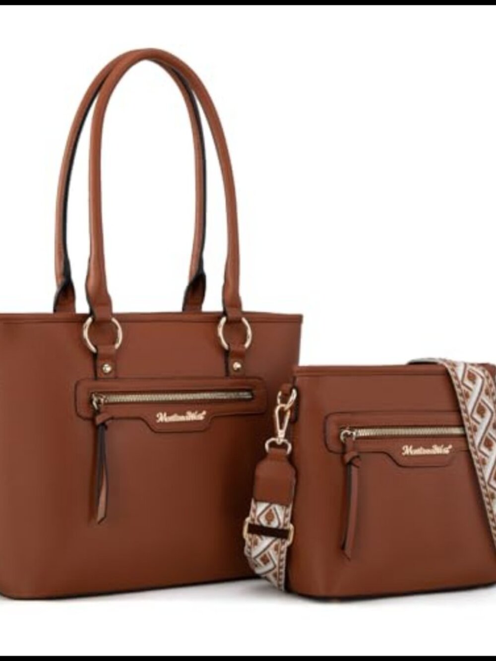 2Pc Vegan Leather Tote and Crossbody Bag Set with Guitar Strap
